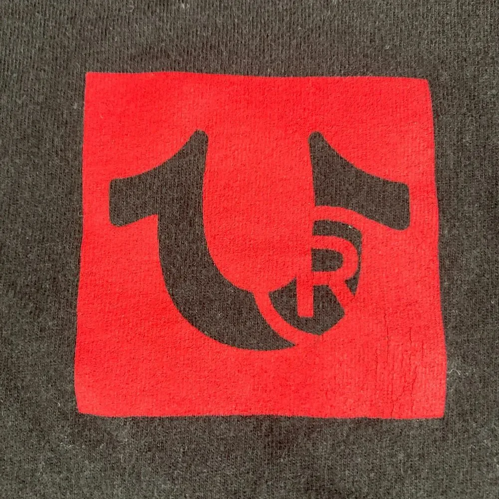 True Religion T Shirt Mens Large Black Red Logo Buddha Graphic Front Back Tee